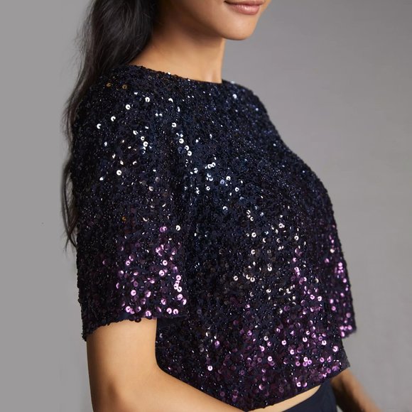 Anthropologie Tops - HTF Anthropologie Let Me Be Ombre Cropped Sequined Blouse